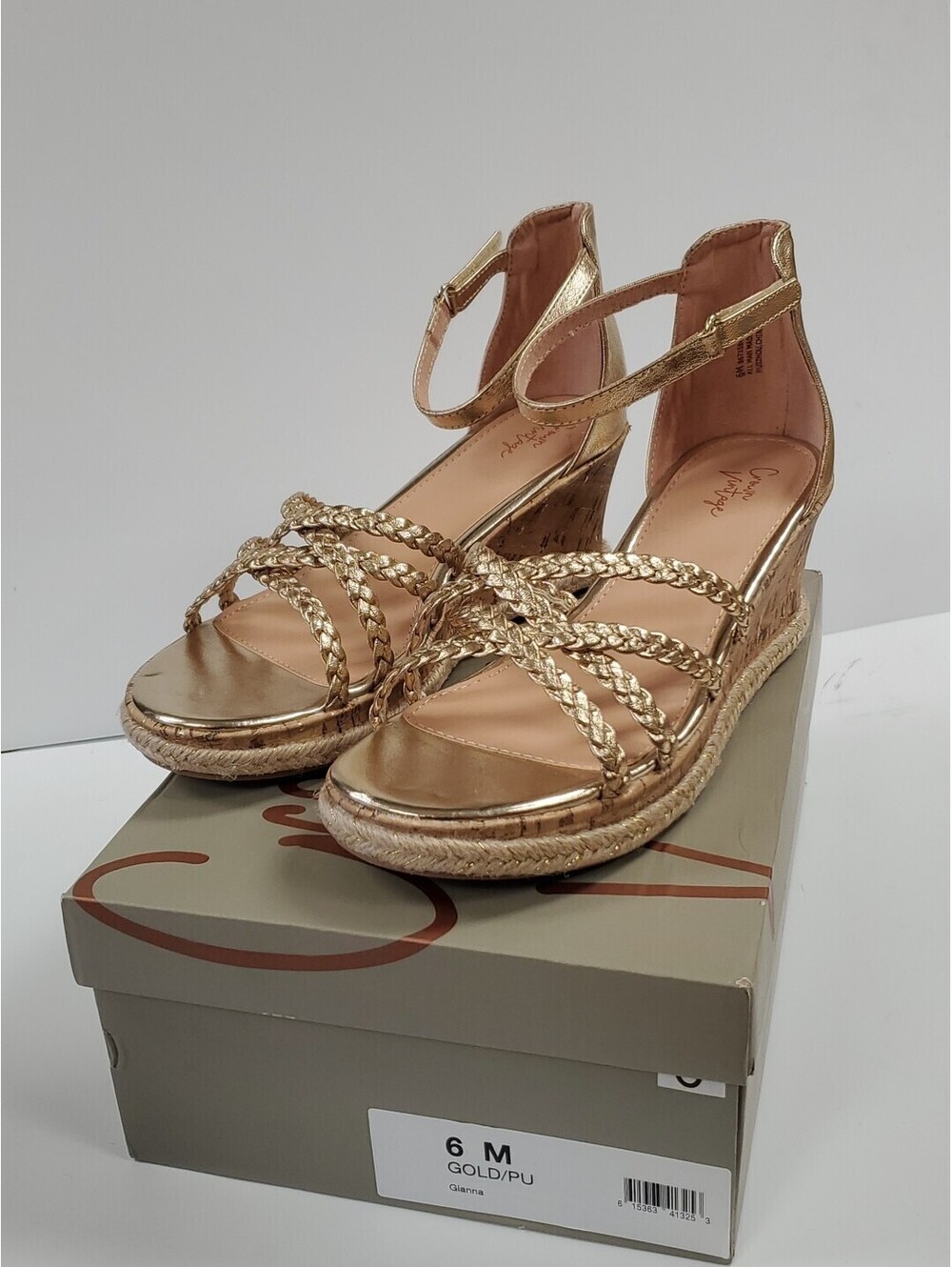 Crown Vintage Gianna Wedge Sandal Ankle Strap Gold Sz. 6 NEW